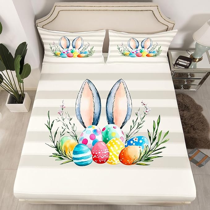 Happy Easter Bed Sheet Full Size Easter Egg Spring Holiday Bedding Set Flowers Cute Animal Fitted Sheet Kids Boys Girls Room Decor Beige Gray Soft Sheets with 2 Pillowcase,No Top Flat