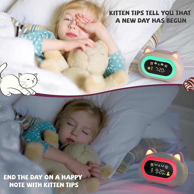 Alarm Clock for Kids, Kids Alarm Clocks for Girls with Sleep Training Dual Alarm Eye Protection Auto Off Timer 10 Color Night Light, Cat Ok to Wake Clock, Gifts for Kids Girls