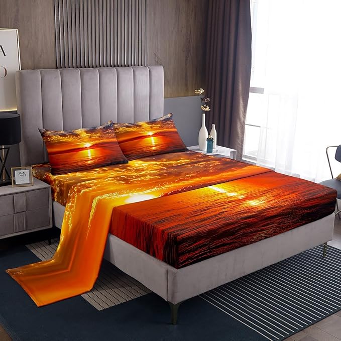 Manfei Sea Sunset Kids Sheet Set Twin Size, Tropical Ocean Theme Bedding Set for Boys Girls Teens Bedroom Decor, Sunset Landscape Bed Sheet Set 3pcs (Fitted Sheet, Flat Sheet, 1 Pillowcase)