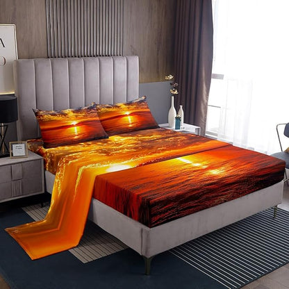 Manfei Sea Sunset Kids Sheet Set Twin Size, Tropical Ocean Theme Bedding Set for Boys Girls Teens Bedroom Decor, Sunset Landscape Bed Sheet Set 3pcs (Fitted Sheet, Flat Sheet, 1 Pillowcase)