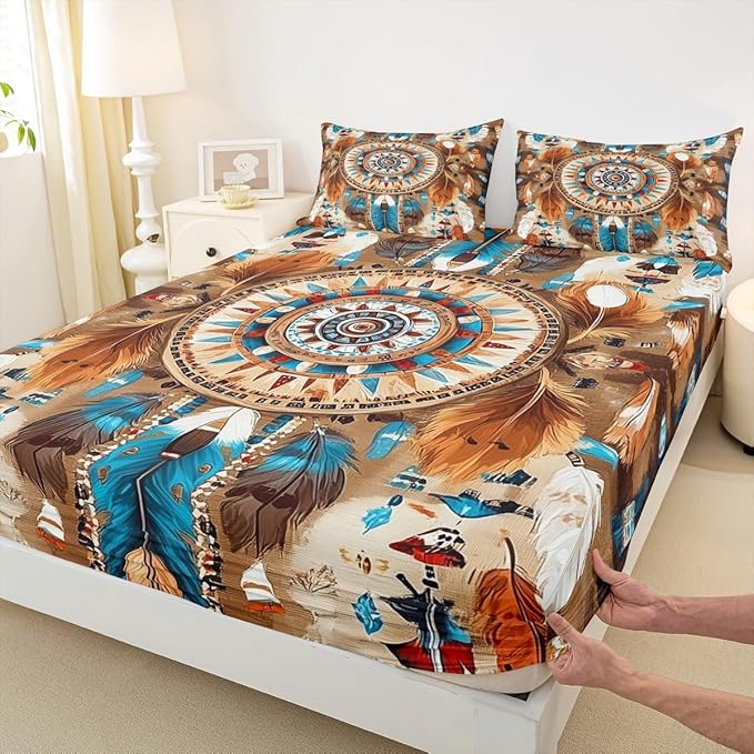 Dream Catcher Kids Full Size Fitted Sheet,Aztec Western Tribal Boho Boys Girls Bed Sheets,Rustic Farmhouse Feather Room Decor,Brown Blue Bedding Set,2 Pillowcases(No Flat)