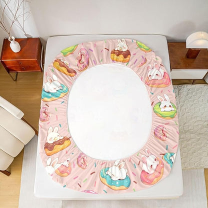 Kawaii Rabbit Bed Sheet Full Size Doughnut Dessert Happy Easter Bedding Set Cute Cartoon Animal Fitted Sheet Kids Boys Girls Room Decor Pink Colorful Soft Sheets with 2 Pillowcase,No Top Flat