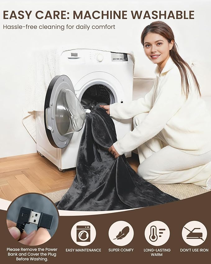 Cordless Heated Blanket with Hood, USB Battery Powered Heated Wearable Blanket with 9 Heating Zones, 20000 mAh Power Bank, 3 Levels, Portable Heated Throw Blanket, Heated Shawl (Warm Cozy Gray)