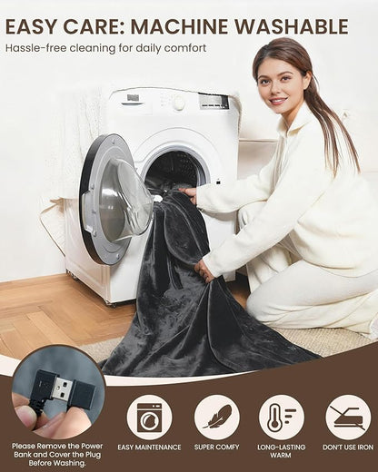 Cordless Heated Blanket with Hood, USB Battery Powered Heated Wearable Blanket with 9 Heating Zones, 20000 mAh Power Bank, 3 Levels, Portable Heated Throw Blanket, Heated Shawl (Warm Cozy Gray)