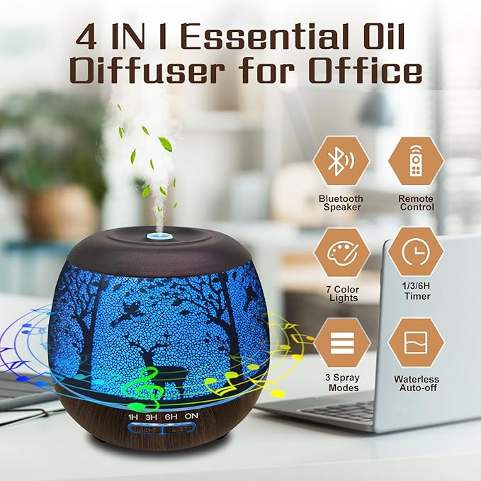 Essential Oil Diffuser for Bedroom 400ml Bluetooth,Diffusers for Home with R/C,Cool Mist Humidifier Large Room,Ultrasonic Scent Diffuser Waterless Auto Off,7 Colors Light & 3 Mist Modes for Desk Deer