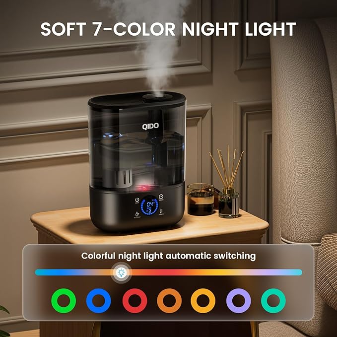 QIDO Top Fill Humidifiers for Bedroom, 5 L Cool Mist 36H Super Long Time, Quiet 28dB Essential Oil Diffuser for Baby & Plants, 3 Adjustable Mist with Touch/APP/7-color Nightlight, Auto Shut-off, Black
