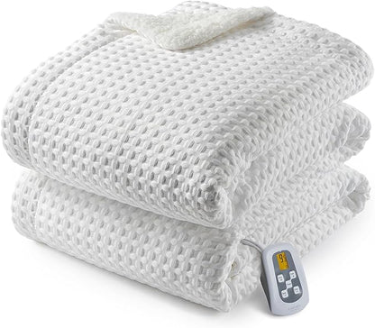 CAROMIO Heated Blanket Full Size, Waffle Weave Electric Blanket Throw with LCD Controller, Fast Heating, 10 Heat Levels & 1-12H Time Settings, ETL Certified, Machine Washable, Off White, 72" x 84"