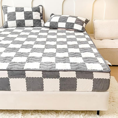 Milk Velvet Checkered Bedding Mattress Cover, Super Soft Elastic Bed Sheets with Pillowcase - Washable 12'' Deep Pocket Mattress Pad