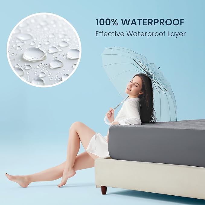 Sleep Zone Queen Cooling Mattress Protector, Waterproof Mattress Pad for Hot Sleepers, Soft Breathable Topper, Deep Pocket Cover, Hotel Quality, Dark Gray