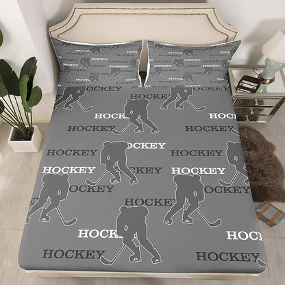 Manfei Hockey Players Bed Sheets Queen Size, Bedding Set, Ball Activity Game Boys Girls Room Decor,Gray Sheet(Fitted+Flat+2 Pillowcases)