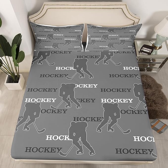 Manfei Hockey Players Kids Sheet King Size, Easy Wash Bedding Set,Ball Activity Game Boys Girls Room Decor,Gray Sheet(Fitted+Flat+2 Pillowcases)