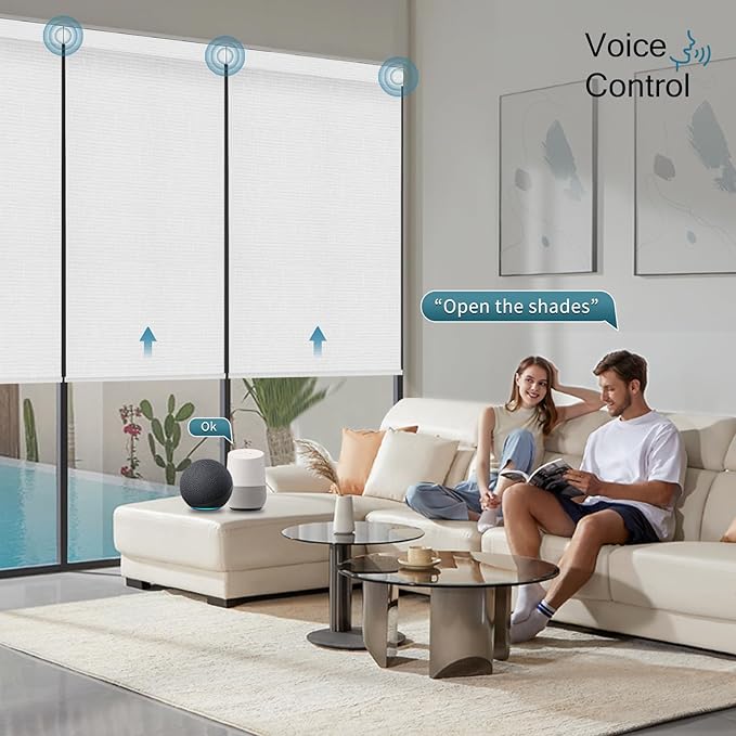 Motorized Roller Shade, 100% Blackout Smart Window Blinds Work with Homekit, Alexa, Google Home, Remote Control, Electric Blinds with USB/Solar Pannel Charging, Texture White