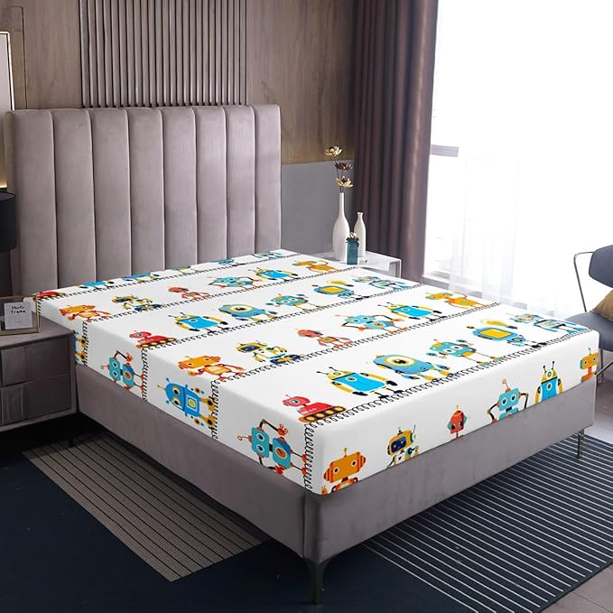 Manfei Watercolor Robots Sheet Set Queen Cartoon Toy Theme Bed Sheet 4pcs with Deep Pocket Fitted Sheet + Flat Sheet + 2 Pillowcases White Solid Color Bedding Set for Kids Teens Boys Room Decor
