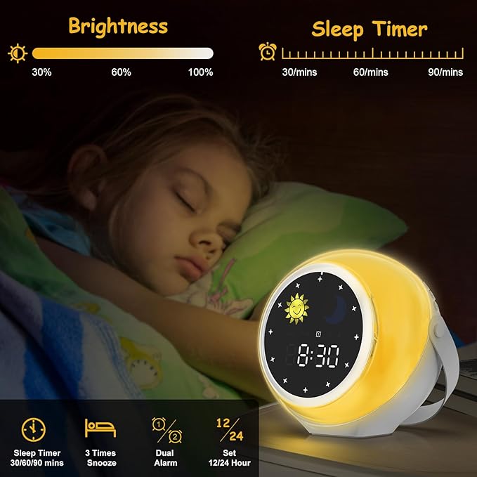 Alarm Clock for Kids, Bluetooth Music Player&Digital Clock, Sleep Sound Machine for Kids Bedroom, Kids Alarm Clock Sleep Trainer with Wake up Light, Ok to Wake Clock for Kids