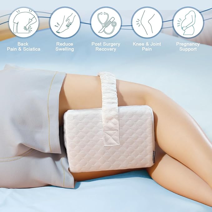 KingPavonini Cooling Knee Pillow for Side Sleepers, Gel Memory Foam Leg Pillows for Side Sleeping with Ice Silk Cover and Strap, Knee Pillow for Back Hip Pain, Spine Aligning, Sciatica, Pregnancy