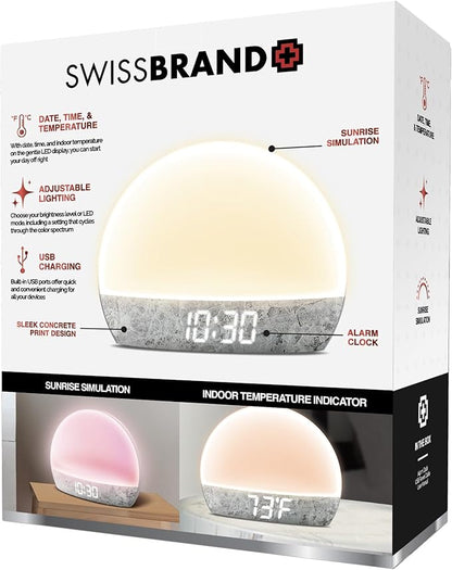 Swissbrand Sunrise Alarm Clock with Multicolor LED Light, USB Charging & Indoor Temperature – Concrete-Print Digital Clock for Bedroom Nightstand