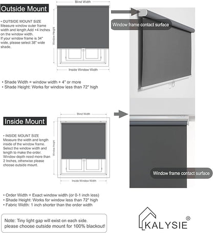 Cordless Roller Shades 100% Blackout Blinds for Windows and Doors, Pull Down Room Darkening Window Shades, Easy to Install for Home and Office, Grey, Fixed 75 Inches High, 29 Inches Width