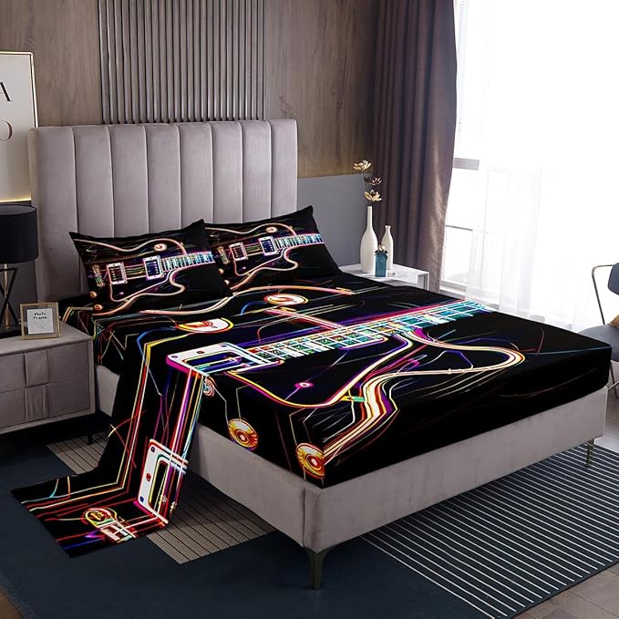 Manfei Guitar Kids Sheet Set Twin Size, Rock Music Theme Bedding Set for Boys Girls Teens Bedroom Decor, Musical Instrument Hip-Hop Bed Sheet Set 3pcs (Fitted Sheet, Flat Sheet, 1 Pillowcase)