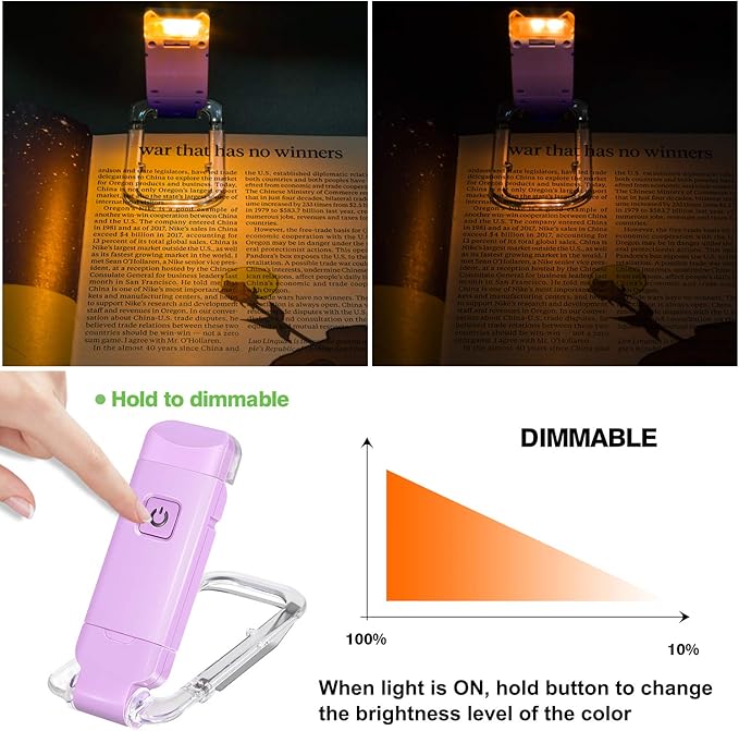 BIGLIGHT Amber Book Reading Light, LED Clip on Book Lights, Reading Lights for Books in Bed, Small Book Light for Kids, USB Rechargeable, 2 Brightness Adjustable for Eye Protection, Lavender