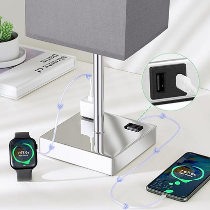 Touch Bedside Table Lamp For Nightstand - 3-Way Dimmable Night Lamp with USB A + Type C Charging Ports and two AC Outlets, Small Desk Light with E26 LED Bulb for Bedroom Living Room, GREY PLUS