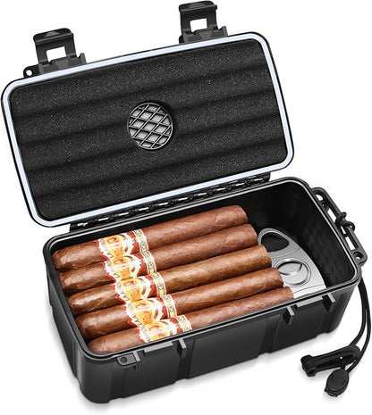 Flauno Travel Cigar Humidor - Portable Cigar Case with Cigar Cutter & Humidifier, Holds up to 15 Cigars, Waterproof, Crushproof, Airtight Seal, Durable