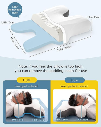 CPAP Pillow for Larger-Framed Men, Ergonomic Memory Foam Bed Pillow to Reduce Air Leaks, Facial Pressure, Height Adjustable for Side Back Stomach Sleepers, 23.6"x15.74"x5.11"/5.9"