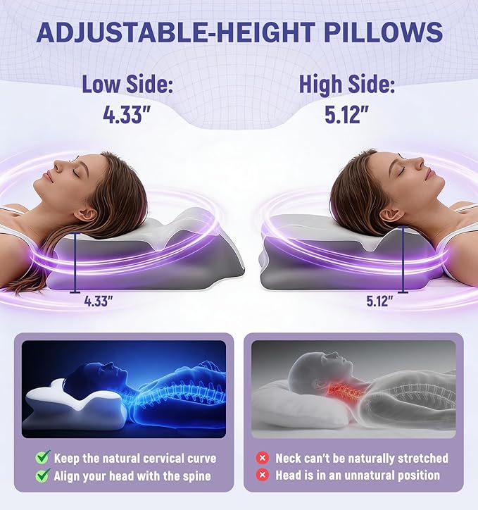Cooling Cervical Pillow for Neck and Shoulder Pain Relief, Ergonomic Contour Memory Foam Neck Pillow, 2-in-1 Dual Height Orthopedic Bed Pillows for Side Back Stomach Sleepers, Washable Cover