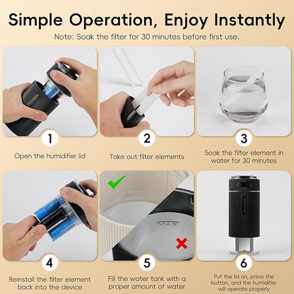 Portable Small Humidifiers for Travel, Mini Air Ultrasonic Humidifier with Filter Element - Cool Mist, Whisper Quiet, Nightlight, 350ML Tank, Car Modes, Perfect for Baby, Bedroom, Hotel, Desk, Plants