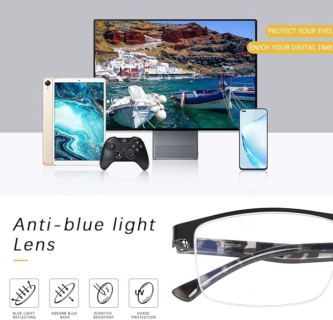 FONHCOO Reading Glasses for Women Men, Blue Light Blocking Reading Glasses Metal Half Frame Computer Readers Anti UV/Glare