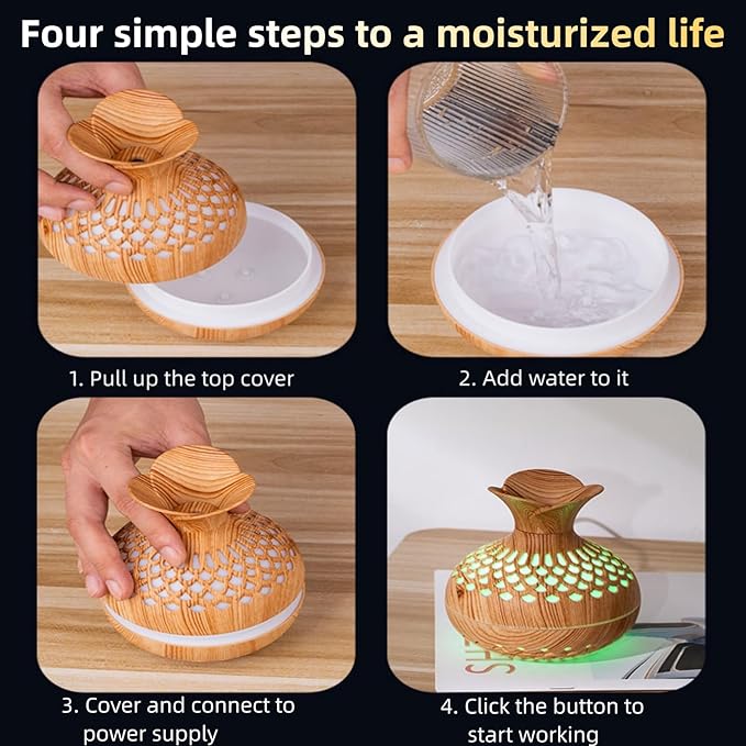 Colorful Cool Mini Humidifier, Flower Shape USB Personal Desktop Humidifier for Car, Office Room, Bedroom,etc. 2 Mist Modes, 7 colors,Super Quiet (Lightwood)