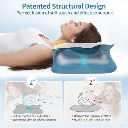 Cervical Neck Pillow for Sleeping - Ergonomic Pillow for Neck Pain Relief - Memory Foam Pillows with Cooling Pillowcase, Orthopedic Contour Neck Support Pillow for Side, Back and Stomach Sleepers