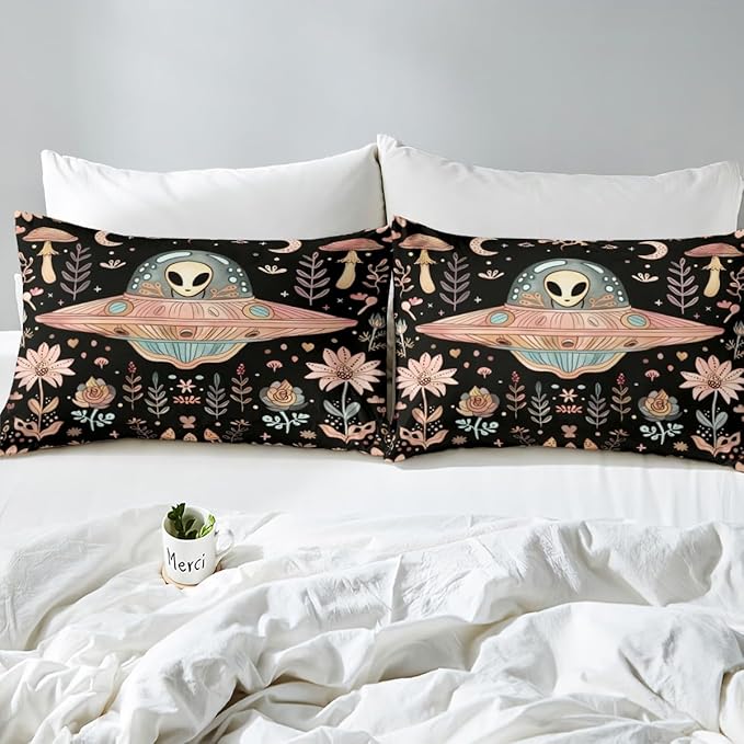 Manfei Alien Black Bed Sheet Set 3 Pieces,Outer Space Spaceship Starry Moon Microfiber Bedding Set Without Flat,Pink Mushroom Nature Botanical Flowers Plants Fitted Sheet,2 Pillow Cases,Full Size
