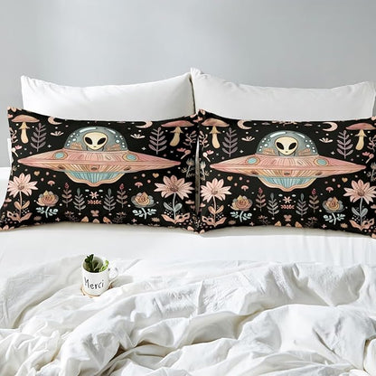Manfei Alien Black Bed Sheet Set 3 Pieces,Outer Space Spaceship Starry Moon Microfiber Bedding Set Without Flat,Pink Mushroom Nature Botanical Flowers Plants Fitted Sheet,2 Pillow Cases,Full Size