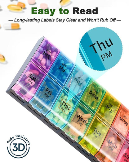 Extra Large Pill Organizer 2 Times a Day, Weekly XL AM PM Pill Case, 7 Day Pill Box Twice a Day, Oversized Daily Medicine Organizer for Vitamins, Big Pill Container, Medication Dispenser (Rainbow)