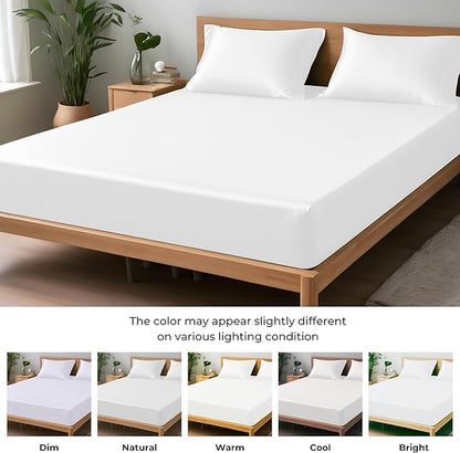 LINENWALAS Fitted Sheet Only Viscose Derived from Bamboo, Bottom Sheet for King Size Bed – 16” Deep Pocket, All Around Snug Fit – Cooling, Breathable, Soft, Hypoallergenic (White, King)