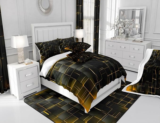 Manfei Geometric Sheet Set Twin Size, Abstract Square Grid Print Bedding Set for Kids Boys Girls Adults, Yellow and Black Bed Sheet Set 3pcs with Deep Pocket Fitted Sheet + Flat Sheet + 1 Pillowcase