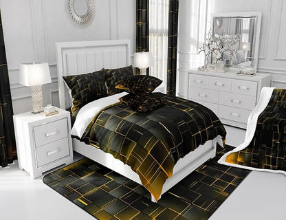 Manfei Geometric Sheet Set Full Size, Abstract Square Grid Print Bedding Set for Kids Boys Girls Adults, Yellow and Black Bed Sheet Set 4pcs with Deep Pocket Fitted Sheet + Flat Sheet + 2 Pillowcases