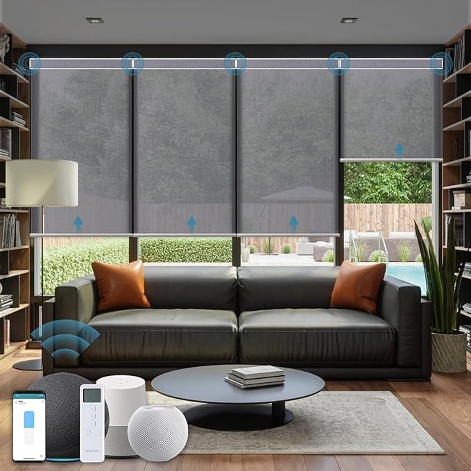 Motorized Light Filtering Roll Shade Work with HomeKit, 60% Blackout Smart Blinds for Windows, Electric Blinds with Remote, APP/Voice Control, Automatic Solar Shades,Dark Veil