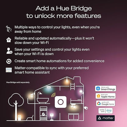 Philips Hue Smart LED A19 Bulb 4-Pack, White Color Ambiance, E26 Base, 7.2W, Full Spectrum Light 1000K-20000K, 810 Lumens, Dimmable, Works with Alexa, Google,& Apple Home