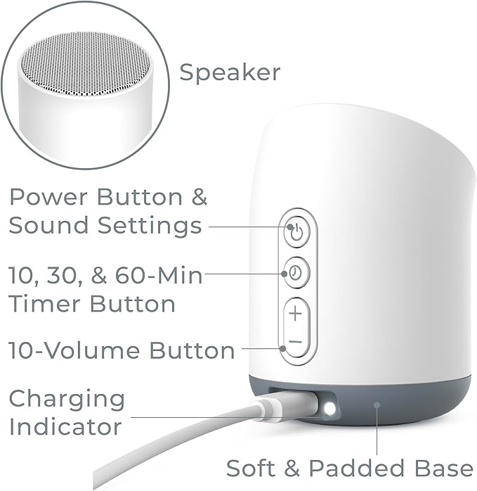 Pure Enrichment Wave Mini Travel Sound Machine - 6 Soothing Sounds Including White Noise, Seamless Loop Audio, Rechargeable Battery, 48 Hour Run Time, Optional Timer, and Storage Bag