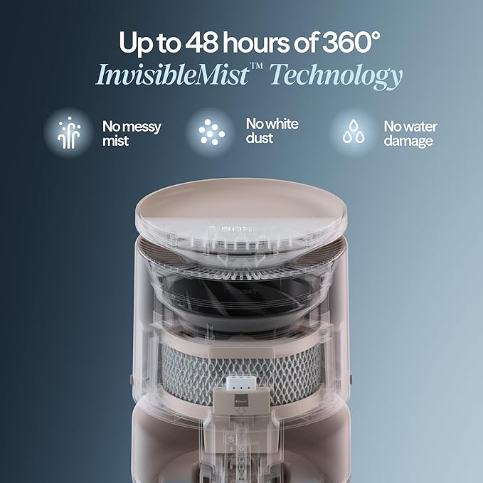 BLUEAIR Room Humidifier - DreamWell - 48Hr Top-Fill Mist-Free InvisibleMist Technology Aroma Stone for Essential Oils and Soothing Mood Lighting - Quiet Operation for Bedroom and Home Use, Beige