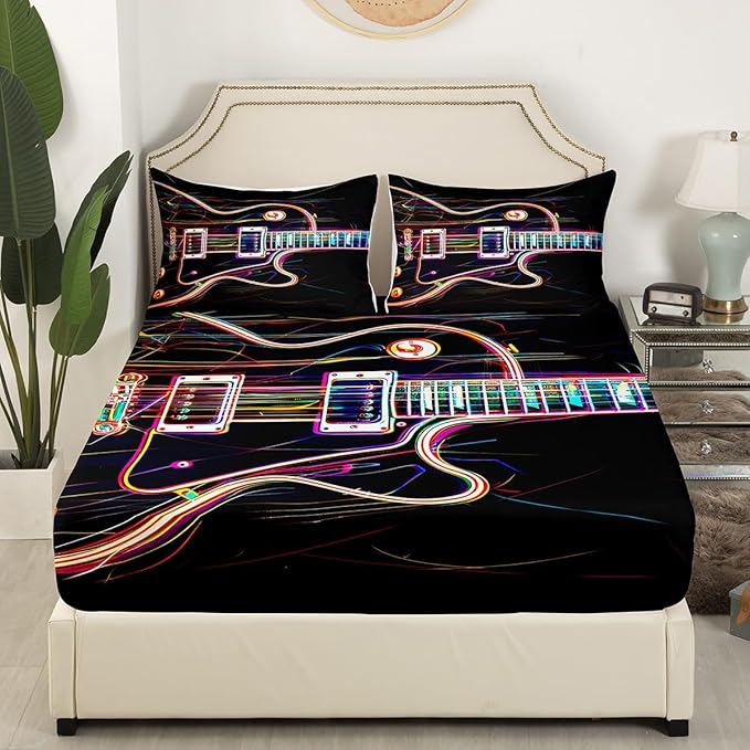 Manfei Guitar Kids Sheet Set Twin Size, Rock Music Theme Bedding Set for Boys Girls Teens Bedroom Decor, Musical Instrument Hip-Hop Bed Sheet Set 3pcs (Fitted Sheet, Flat Sheet, 1 Pillowcase)