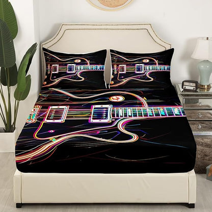 Manfei Guitar Kids Sheet Set Twin Size, Rock Music Theme Bedding Set for Boys Girls Teens Bedroom Decor, Musical Instrument Hip-Hop Bed Sheet Set 3pcs (Fitted Sheet, Flat Sheet, 1 Pillowcase)