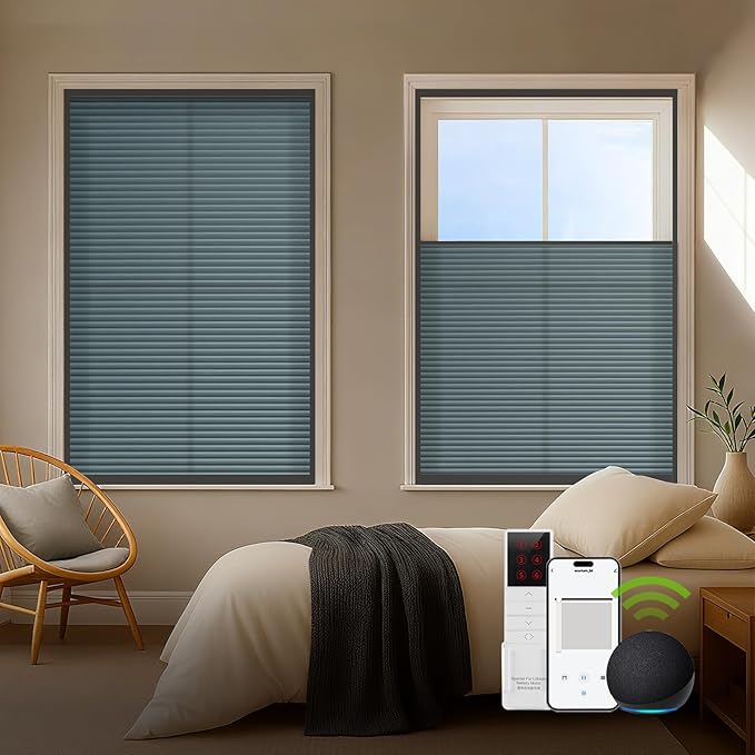ZSTARR Motorized Skylight Shades Blackout Cellular Honeycomb Electric Blinds with Solar Panel Cordless Rechargeable with Remote for Roof and Slanted Windows Custom Size (LF Blue)