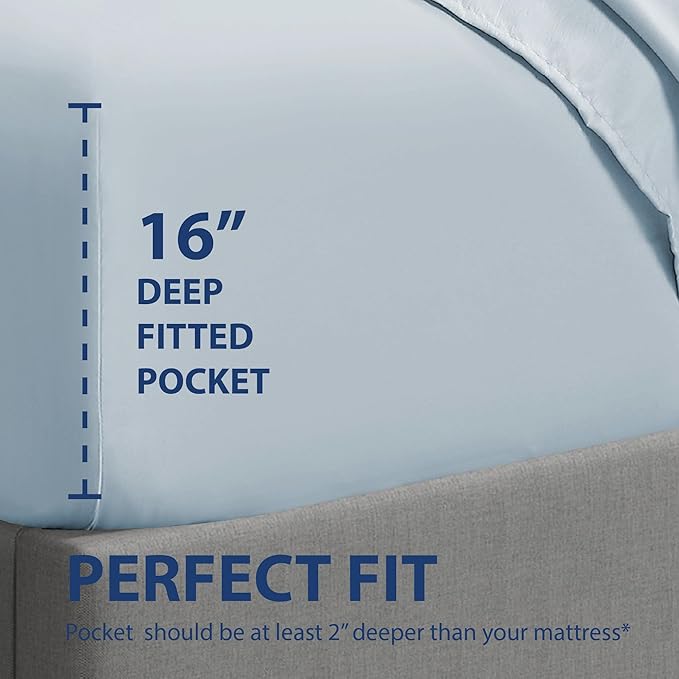 Cathay Home California King Fitted Sheet - Double Brushed Ultra Soft - Wrinkle & Fade Resistant - 21" Extra Deep Pocket Fitted Sheet Only - Good Fit for 19"-23" Deep Mattress (Cal King, Blue Fog)