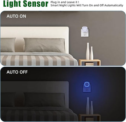 LED Night Lights Plug into Wall, Indirect Soft Dimmable Night Light with Dust to Dawn Sensor, Blue Nightlight for Bedroom,Bathroom,Kitchen,Stairs,Hallway,Travel, 4 Packs, Blue