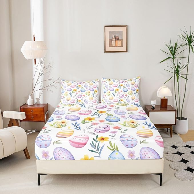 Easter Egg Fitted Sheet Queen Size Spring Flower Floral Bedding Set for Kids Bedroom Happy Easter Rustic Bed Sheet Set 3pcs Purple Colorful Deep Pocket Mattress Cover,No Top Flat