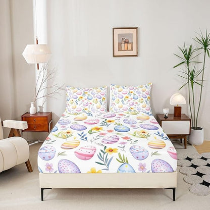 Easter Egg Fitted Sheet Queen Size Spring Flower Floral Bedding Set for Kids Bedroom Happy Easter Rustic Bed Sheet Set 3pcs Purple Colorful Deep Pocket Mattress Cover,No Top Flat
