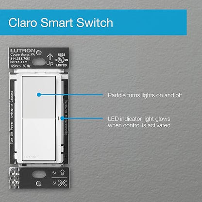 Lutron Claro Smart Light Switch for Caseta Lighting, for LED Lights, Fans, 5 Amp, Single-Pole/3-Way, Neutral Required, DVRF-5NSS-WH-3, White, 3 Pack