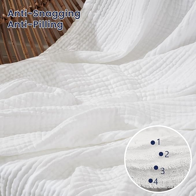 PHF Cooling Muslin King Blanket for Hot Sleepers, 60% Rayon Derived from Bamboo, 40% Cotton for Summer, 4-Layer Breathable Gauze Blanket for Bed Couch, 108"x90", White